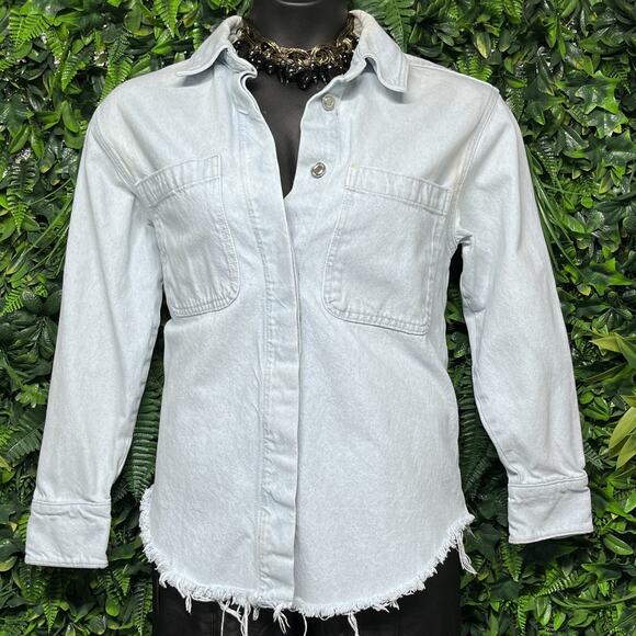 ZARA Top Women Small Blue Jeans Oversized Denim Blouse Button Distressed 2573 - Picture 2 of 7